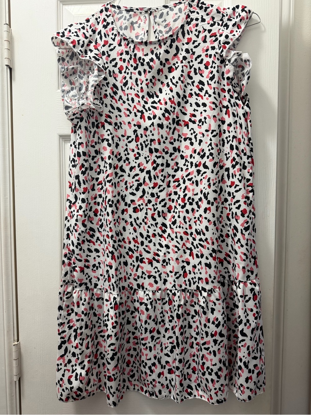Women’s White Pink & Black Leopard Print Ruffle Dress